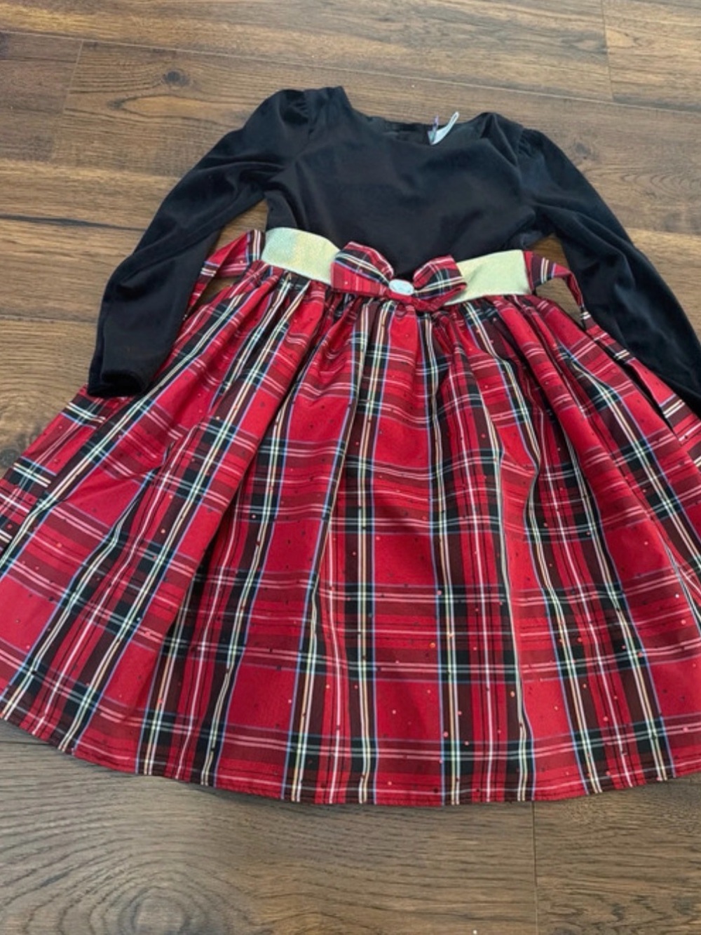 Girls Black Bodice Red Plaid Holiday Dress with Gold Bow Belt